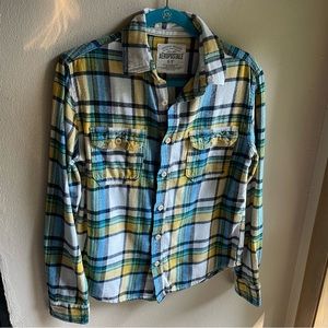 Aeropostale Heavyweight Flannel Boyfriend Button-down Shirt. Blue, Yellow. Small